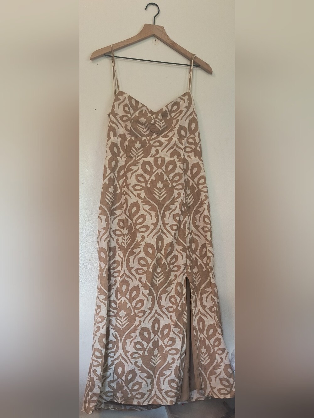 American Eagle Catie Beige White Corset Spaghetti Strap Linen Blend Maxi Dress